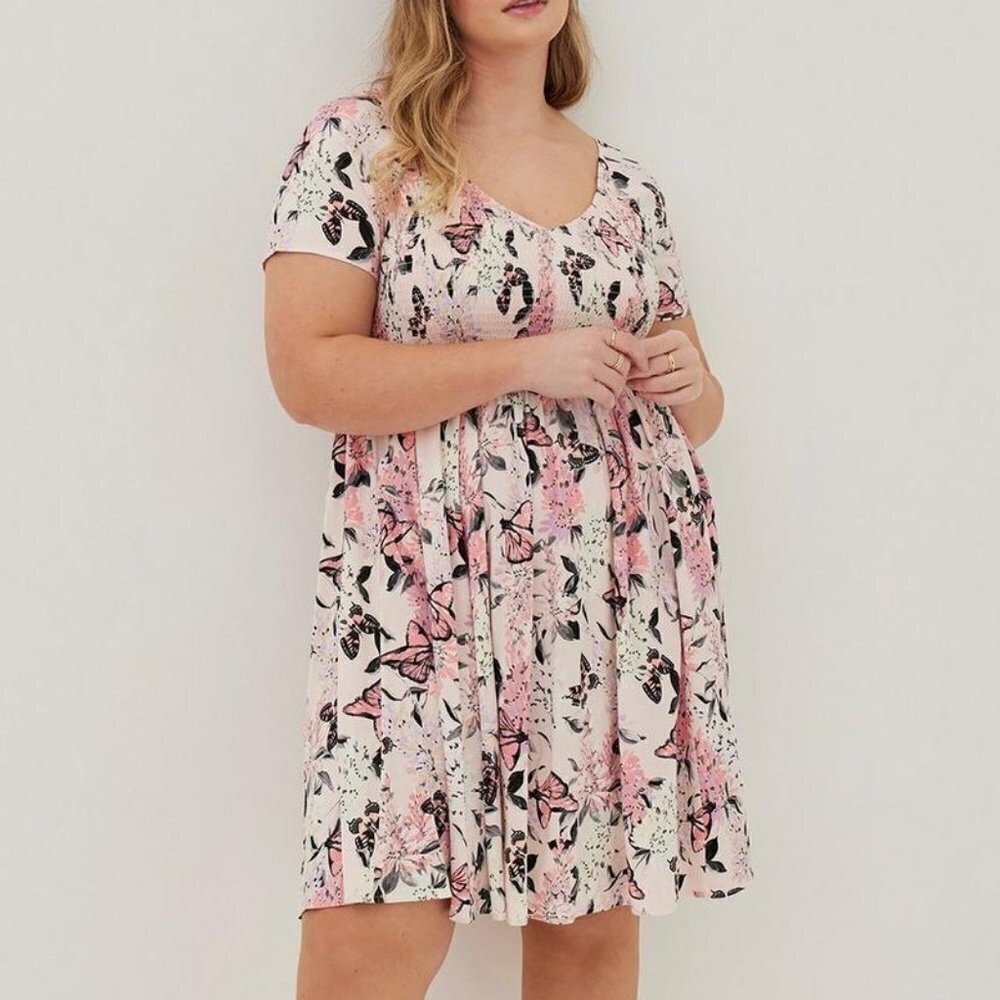 Torrid Mini Challis Smocked Skater Dress Pink Floral Butterfly 0